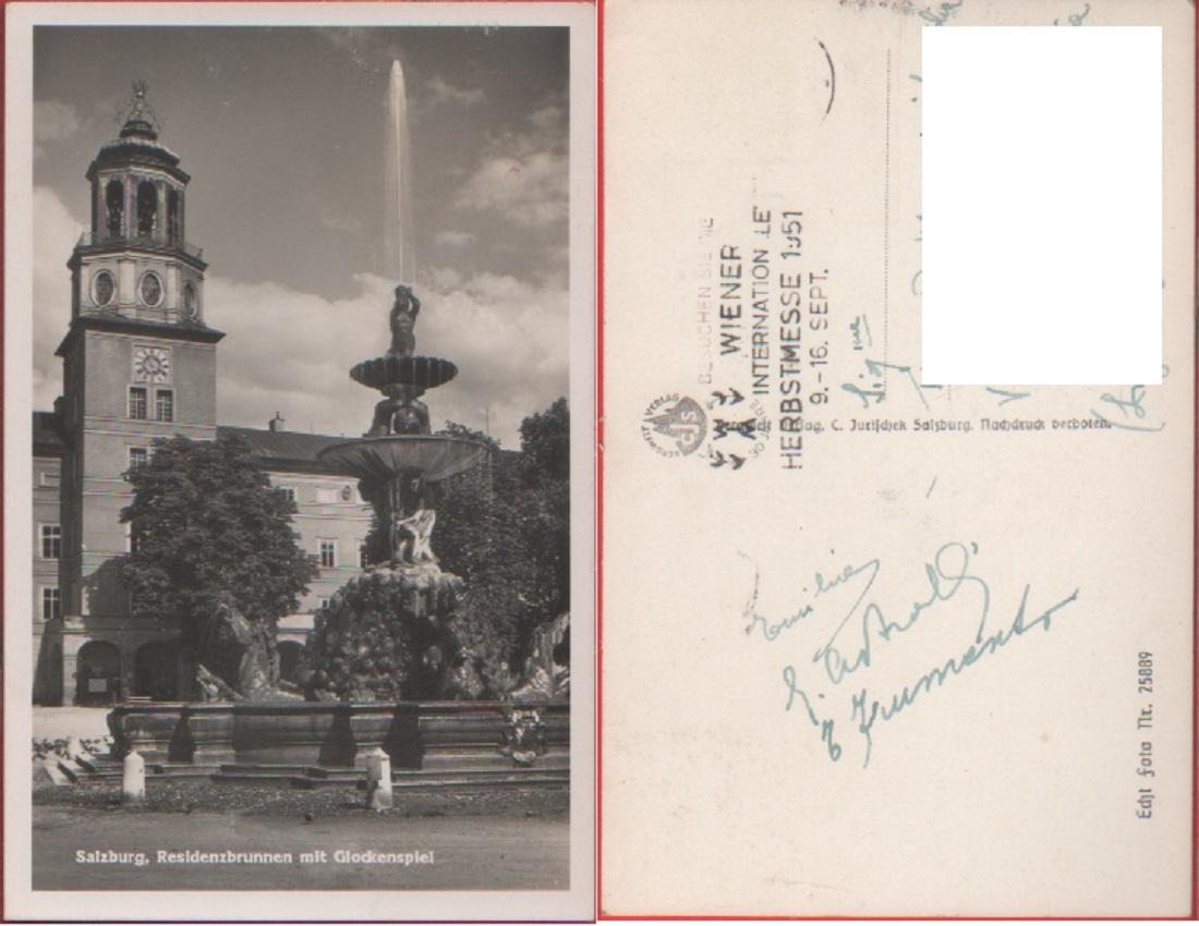 Salzburg/Salisburgo (AUT). Residenzbrunnen mit Glockenspiel. Viaggiata 1951