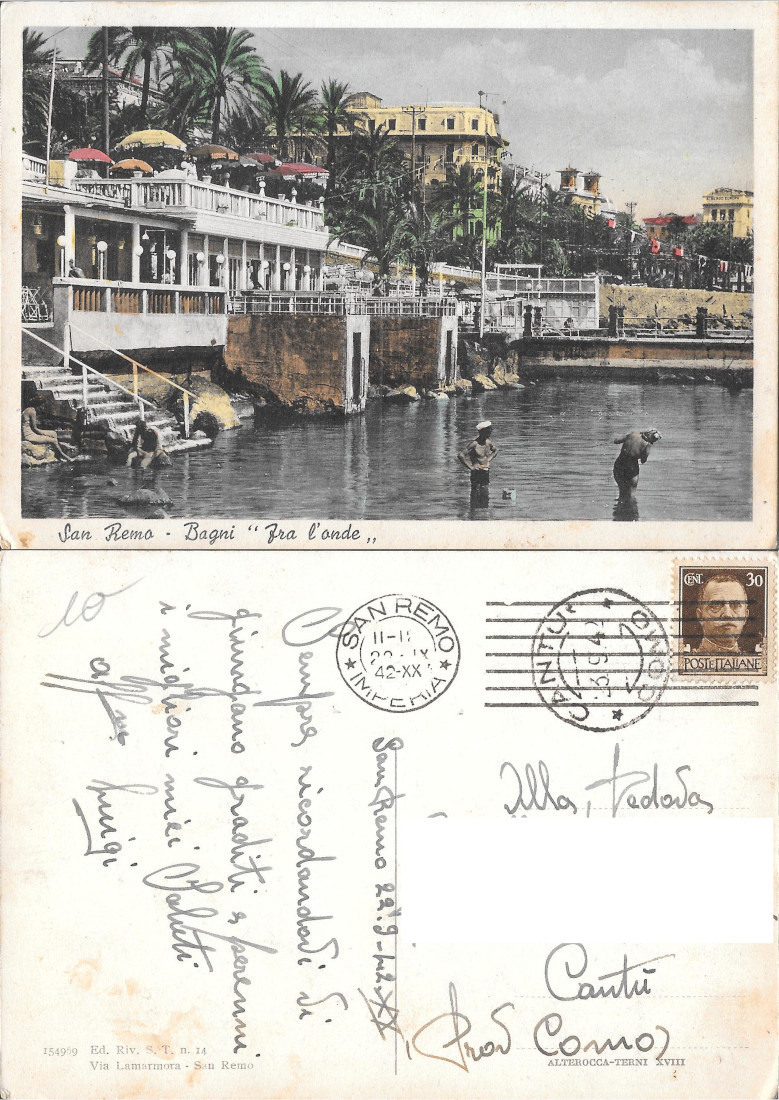 San Remo. Bagni 'Fra l'onde'. Viaggiata 1942