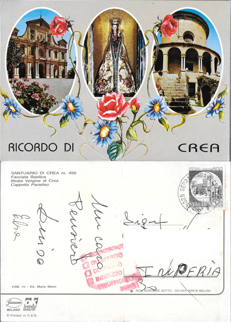 Santuario di Crea. Ricordo. Viaggiata 1990