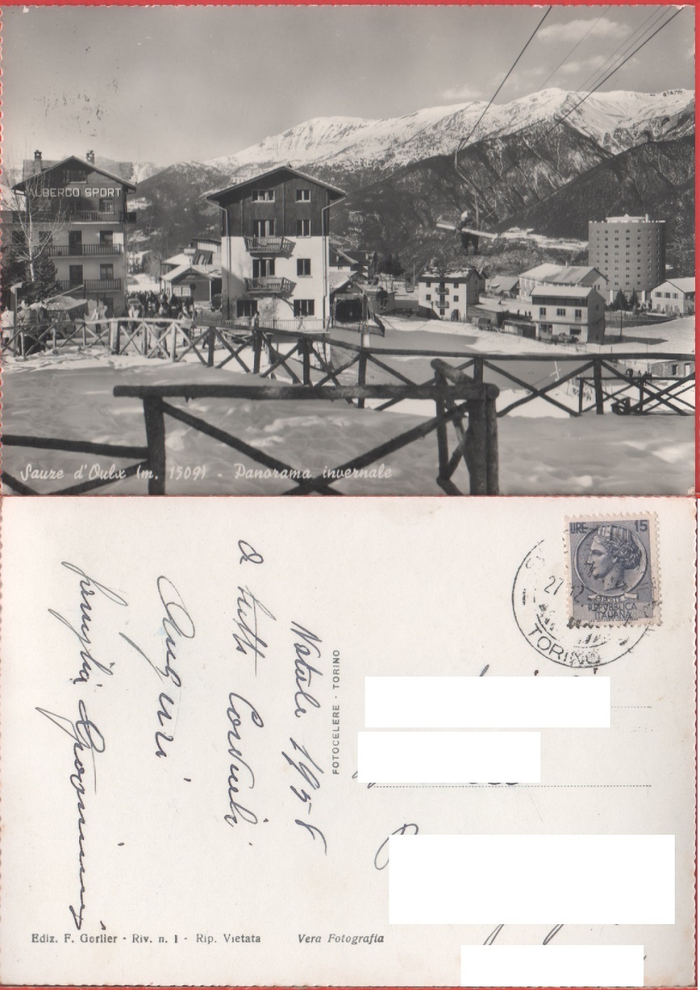 Sauze d'Oulx (TO). Panorama invernale. Viaggiata 1958