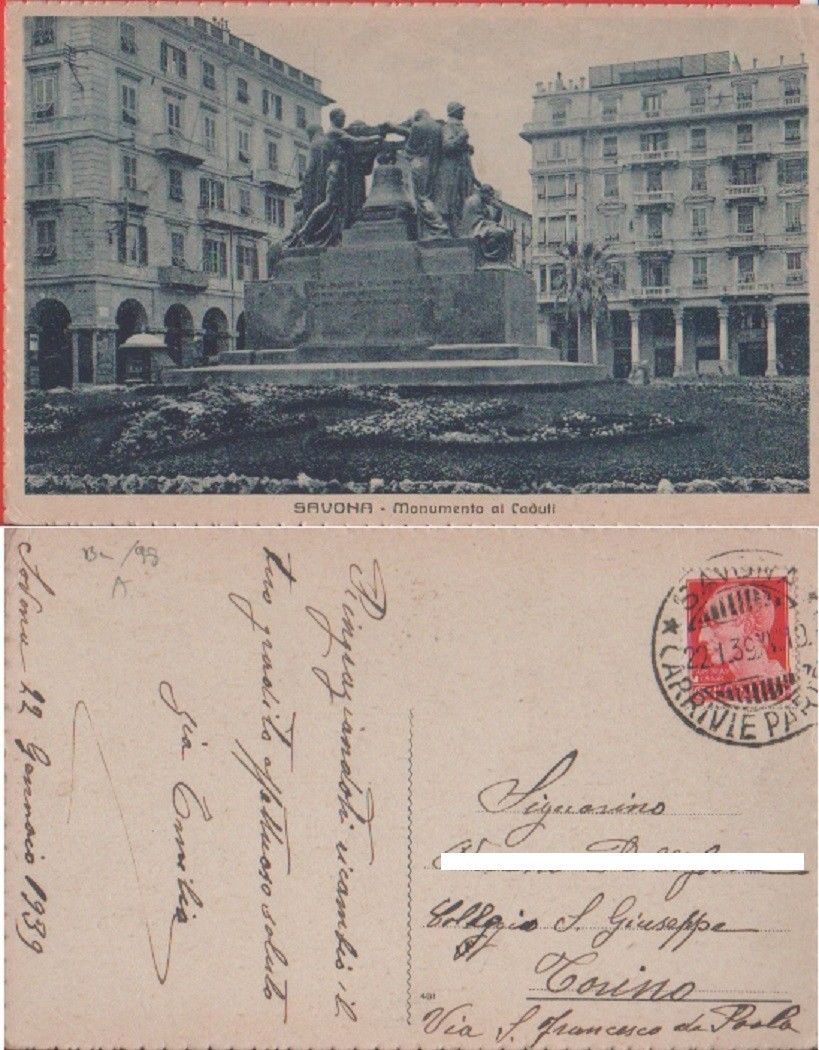 Savona. Monumento ai Caduti. Viaggiata 1939
