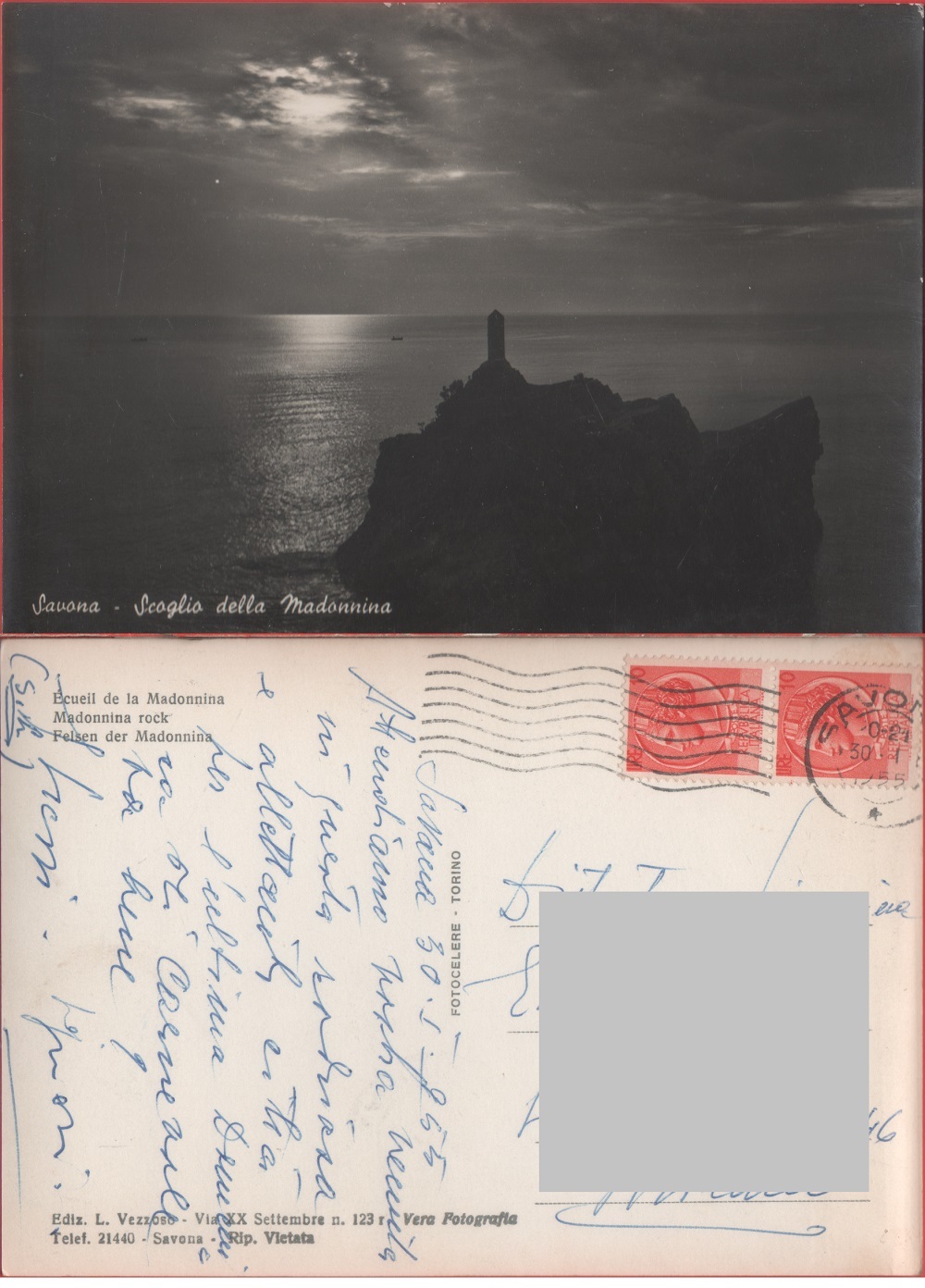 Savona . Scoglio della Madonnina. Viaggiata 1955