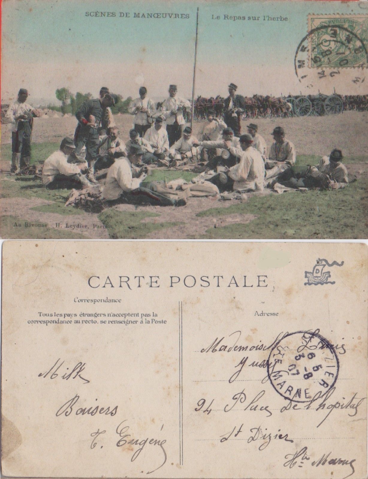 Scènes de manoeuvres - le repas sur l'herbe. Viaggiata 1907