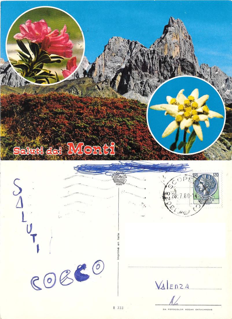 Scopello (VC). Saluti dai monti. Viaggiata 1980