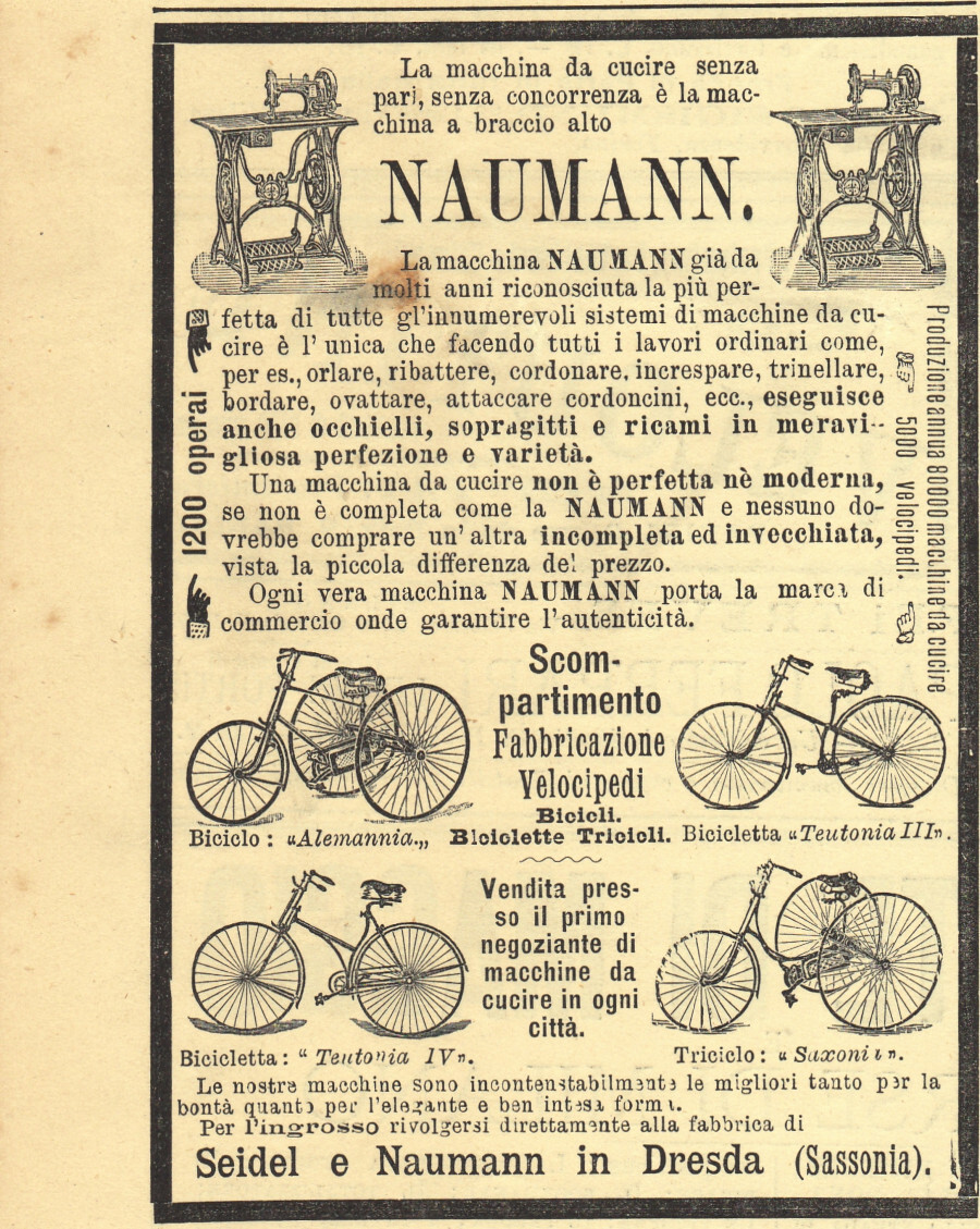 Seidel e Naumann, Dresda. Macchina da cucire, fabbricazione velocipedi. Advertising …