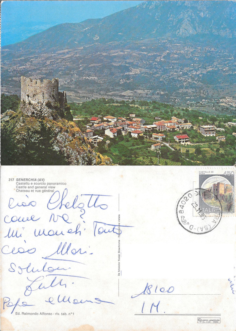 Senerchia (AV). Castello e scorcio panoramico. Viaggiata 1985