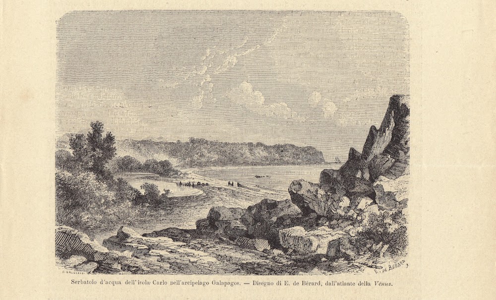 Serbatoio d'acqua dell'isola Carlo nell'arcipelago Galapagos. Illustrazione 1864