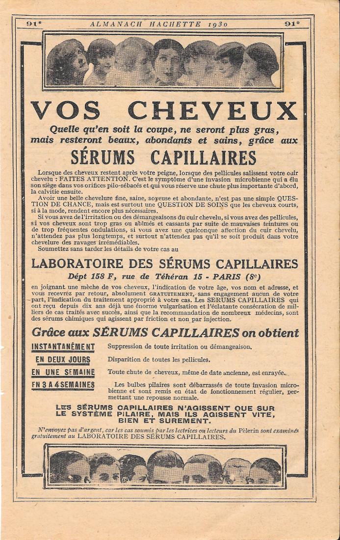 Serum capillaires pour le cheveux. Pubblicita 1930