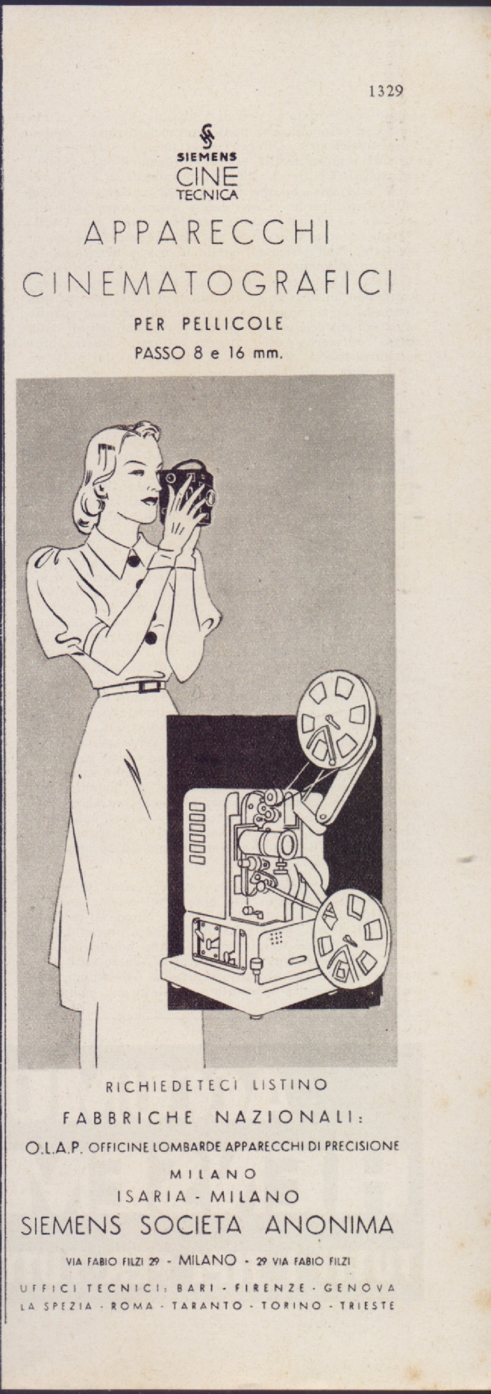 Siemens apparecchi cinematografici. Advertising 1940