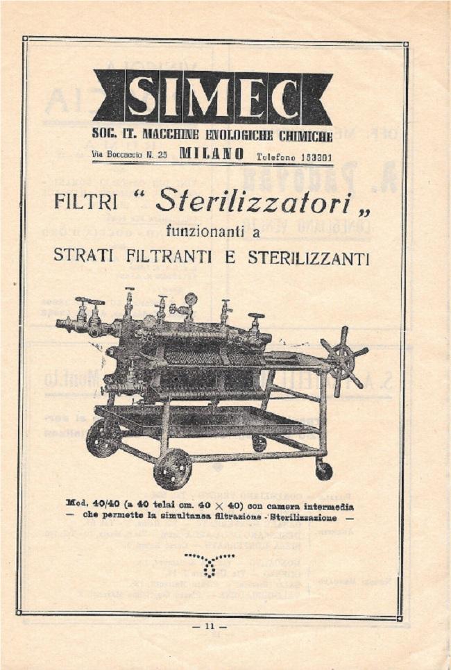 Simec. Filtri sterilizzatori. Pubblicità 1948