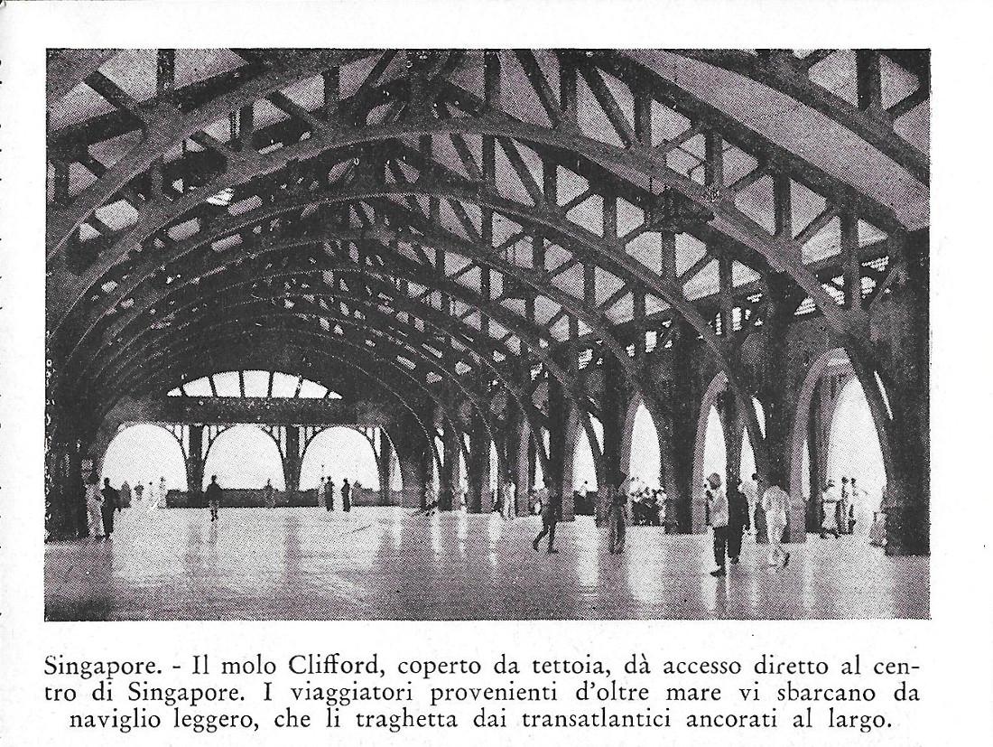 Singapore. Il molo Clifford, coperto da una tettoia. Stampa 1934