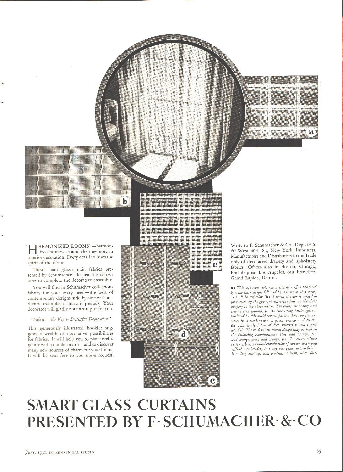 Smart Glass Curtains. F. Schumacher &amp; Co. Pubblicità 1930