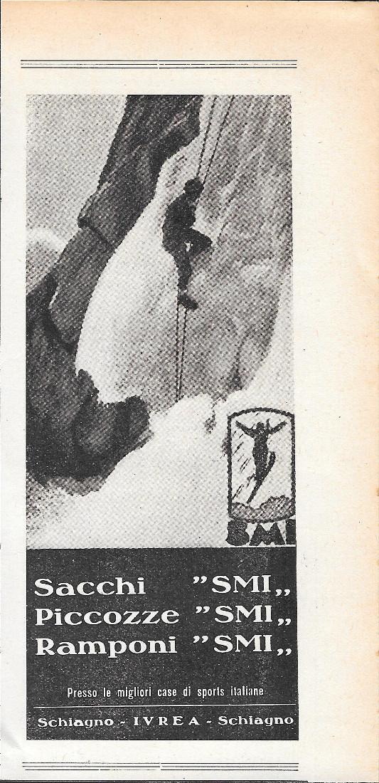 SMI. Sacchi, picozze, ramponi. Advertising 1935