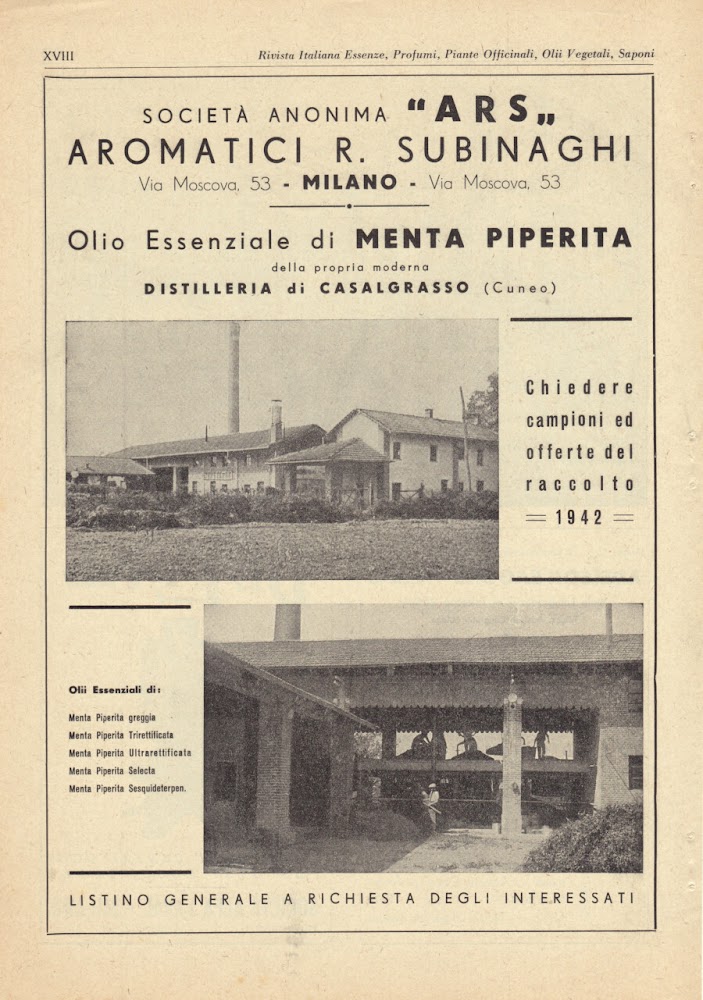 Società Anonima ARS. Aromatici R. Subinaghi, Milano. Advertising 1942