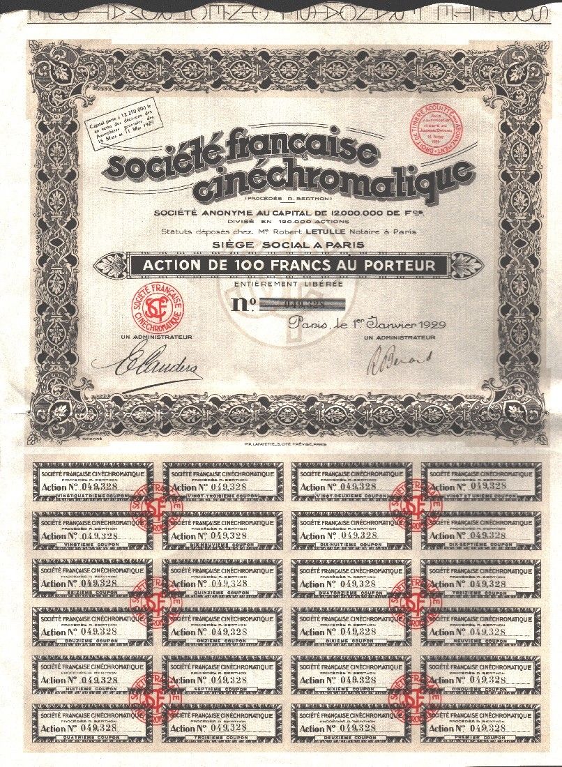 Société Française cinéchromatique. Azione da 100 franchi. 1929
