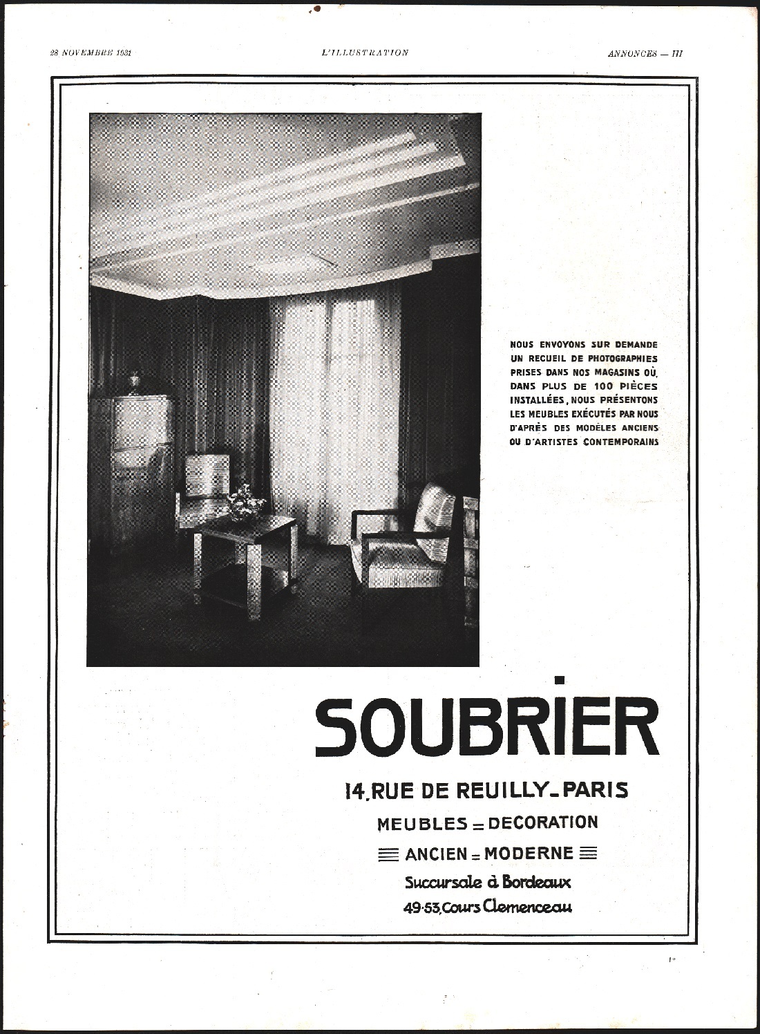 Soubrier Paris, Meubles, decoration. Advertising 1932