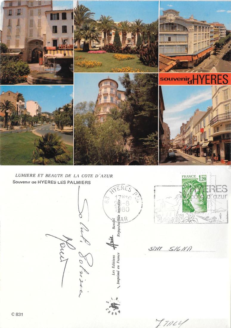 Souvenir d'Hyeres (FRA). Viaggiata 1980