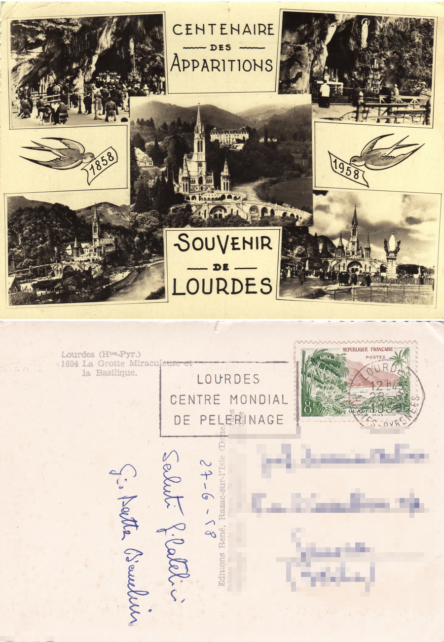 Souvenir de Lourdes. Centenaire des Apparitions. Viaggiata 1958