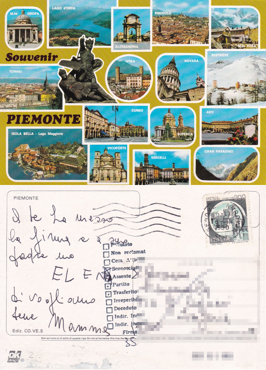 Souvenir Piemonte. Viaggiata 1990