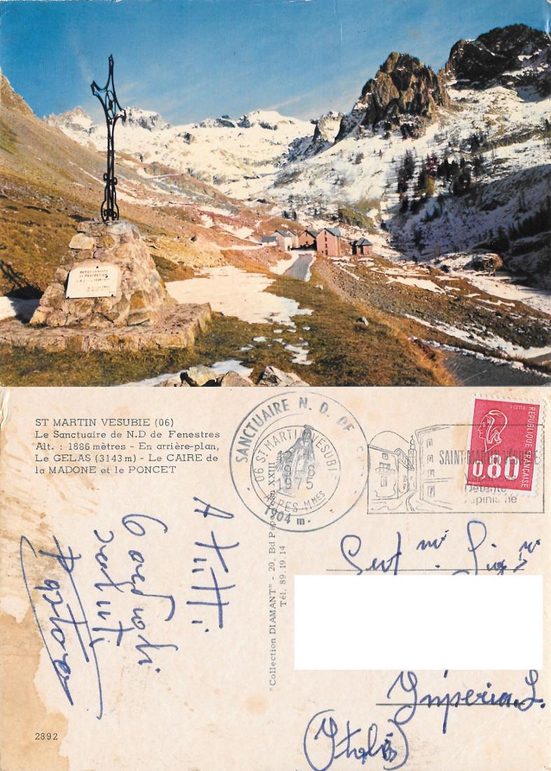 St. Martin Vesubie. N.S. de Fenetres. Viaggiata 1975. Timbro santuario