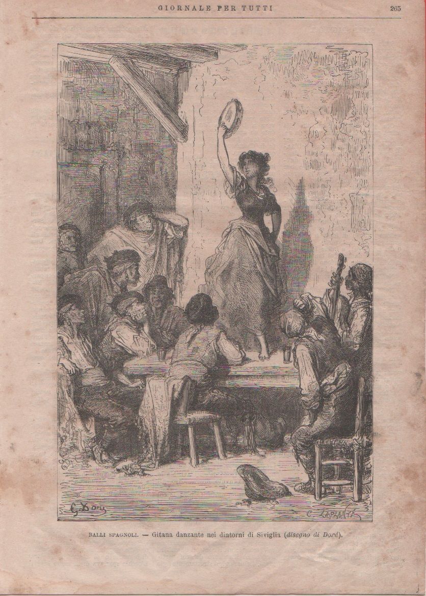 Stampa antica 1872 - Balli Spagnoli. Gitana danzante nei dintorni …
