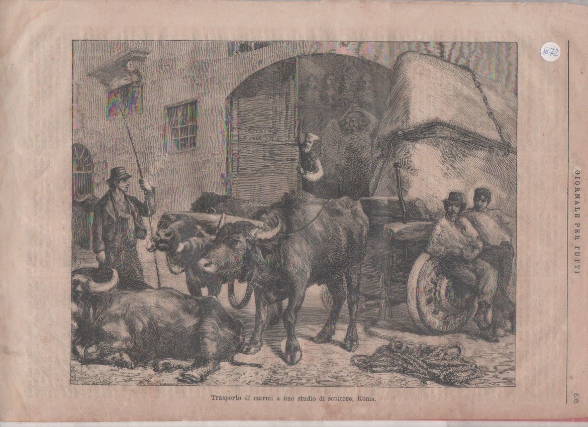 Stampa antica 1872 - Trasporto di marmi a uno studio …