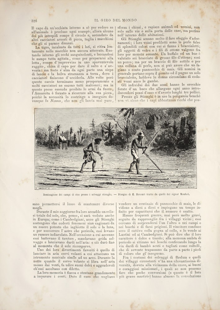 Stienghi (Cambogia): Seminagione nei campi/Selvaggio stiengo. Stampa 1863.