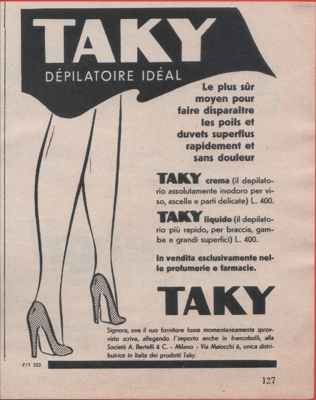 Taky depilatoire ideal. Advertising 1959