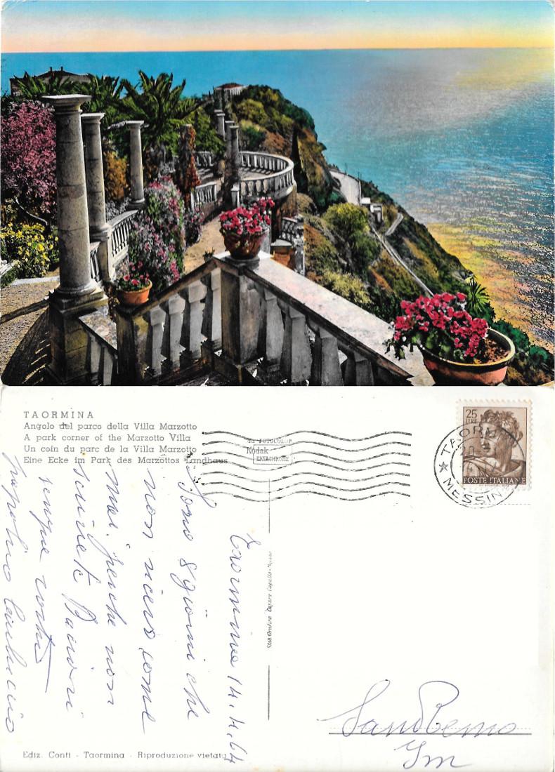 Taormina. Angolo del parco della Villa Marzotto. Viaggiata 1964