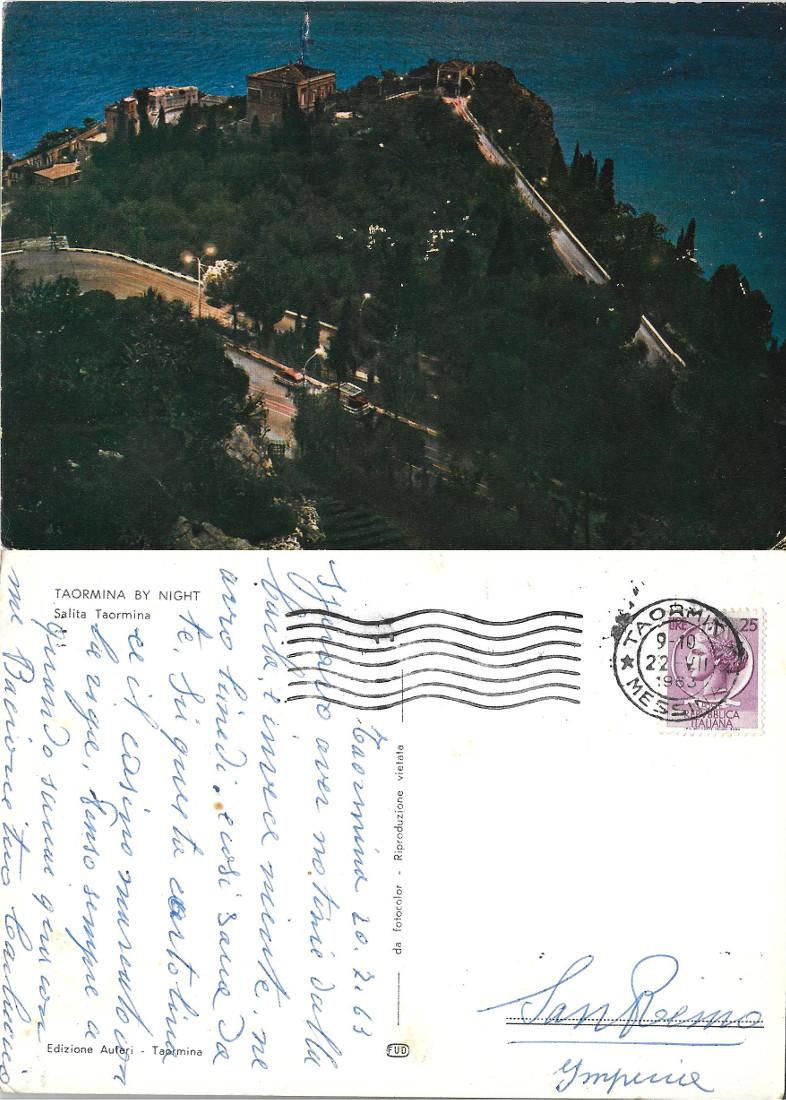 Taormina by night. Salita Taormina. Viaggiata 1963