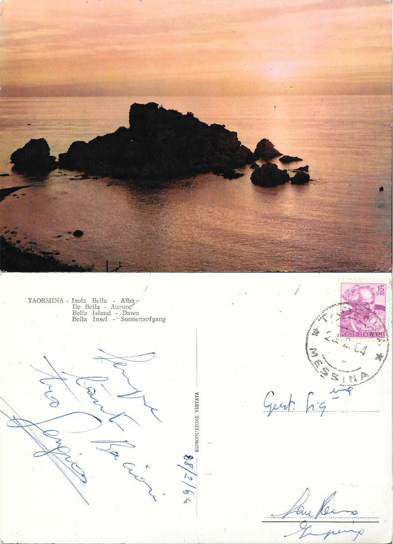 Taormina. Isola Bella. Alba. Viaggiata 1964