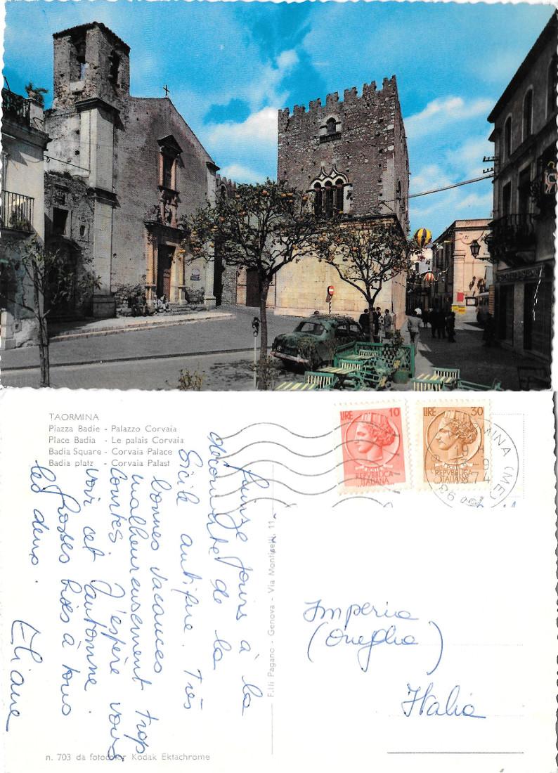 Taormina. Piazza Badie. Palazzo Corvaia. Viaggiata 1974