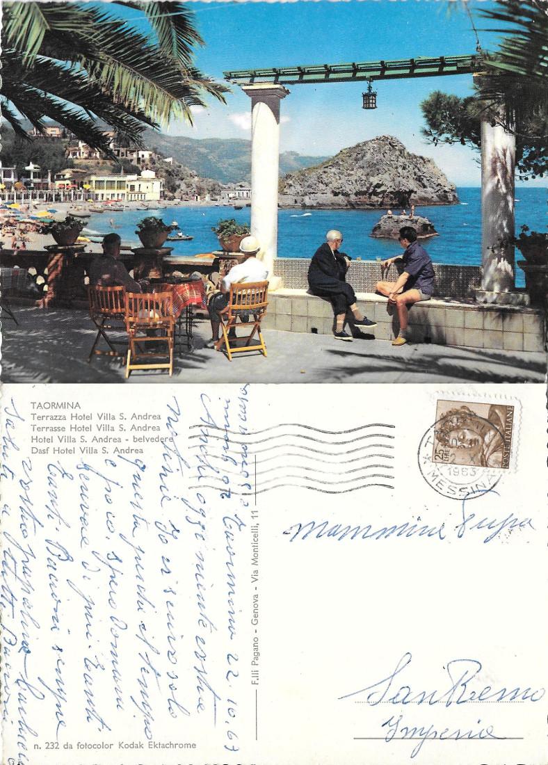 Taormina. Terrazza Hotel Villa S. Andrea. Viaggiata 1963