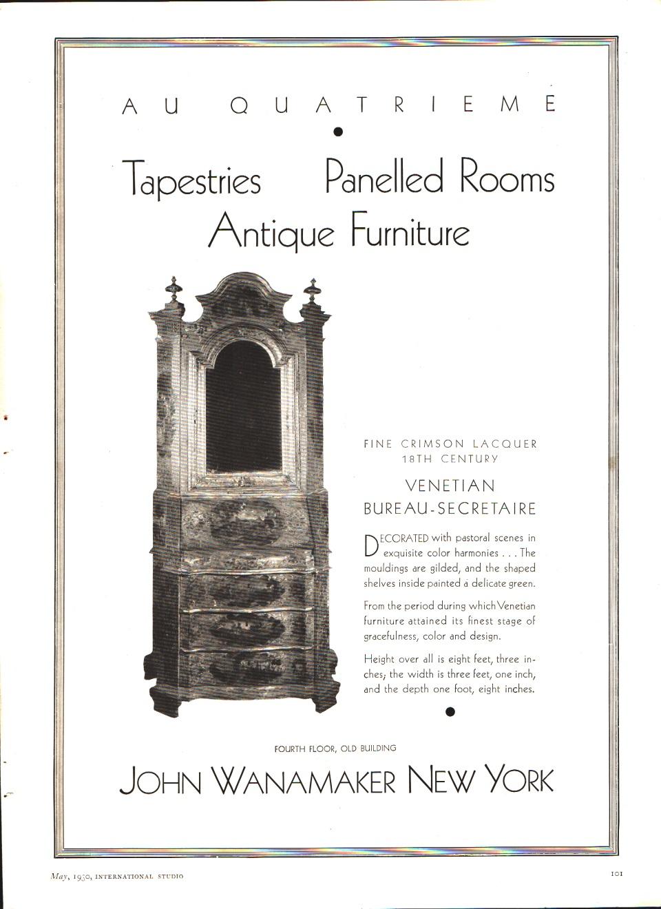 Tapestries, Panelled rooms, Antique Furniture. John Wanamaker New York. Pubblicità …