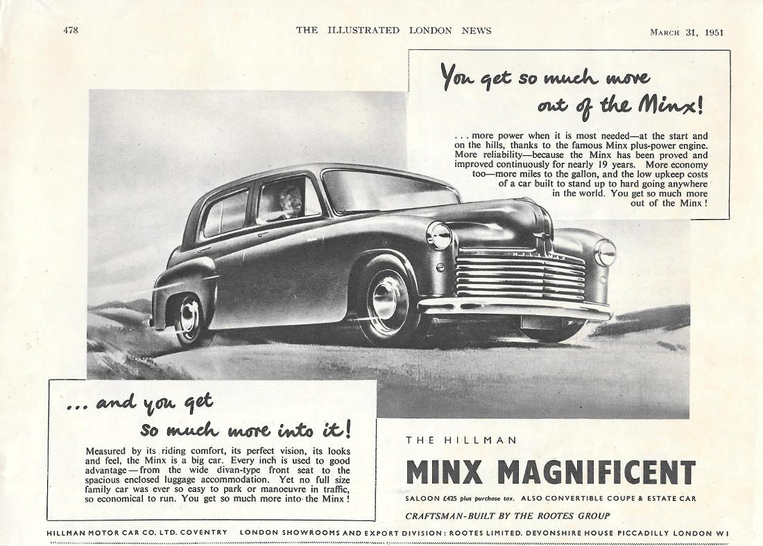 The Hillman Minx Magnificent. Pubblità 1951