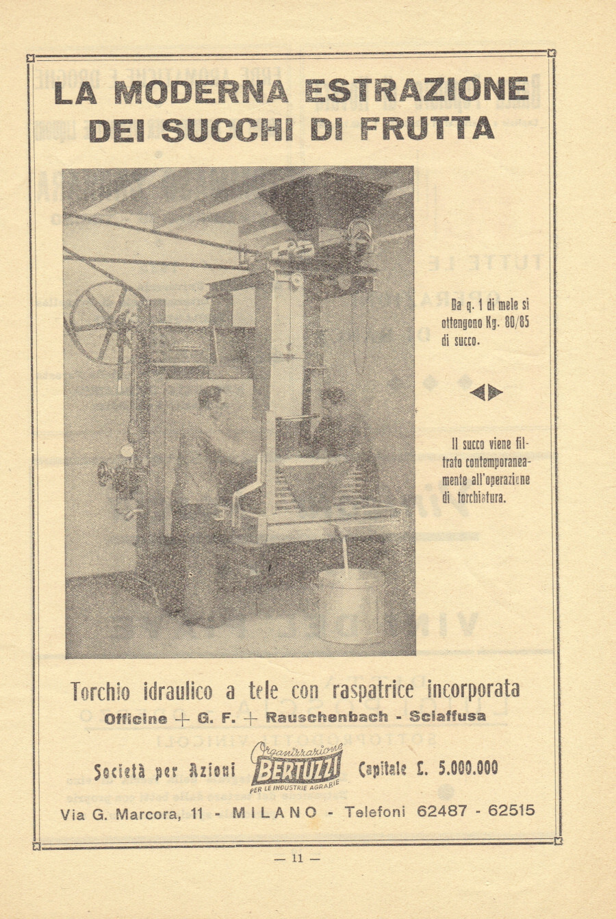 Torchio estrattore succhi di frutta. Bertuzzi. Advertising 1947
