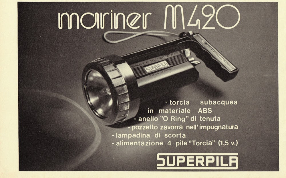 Torcia subacquea Mariner M420 Superpila. Advertising 1974