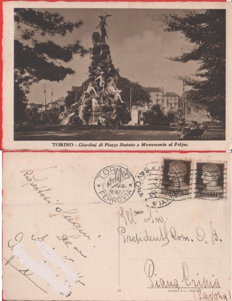 Torino. Giardini di piazza Statuto. Monumento al Fréjus. Viaggiata 1936
