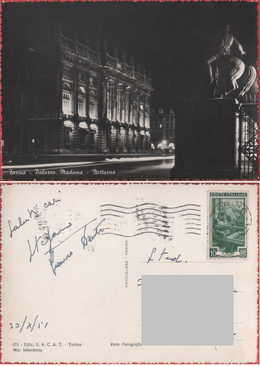 Torino. Palazzo Madama, notturno. Viaggiata 1951