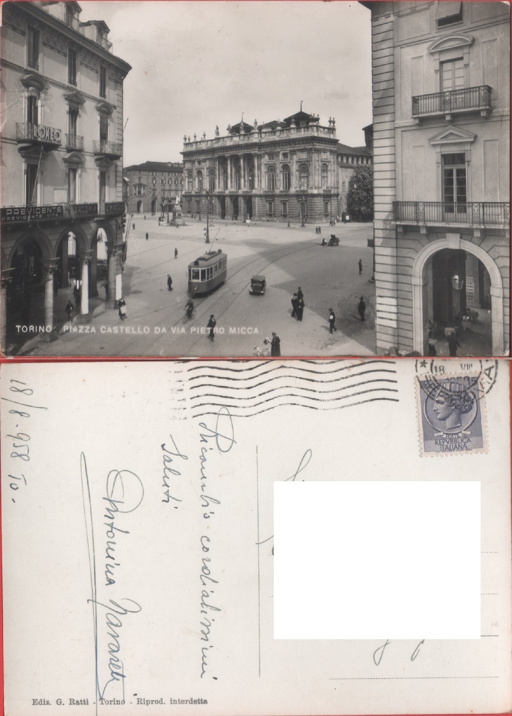 Torino. Piazza Castello da Via Pietro Micca. Viaggiata 1958