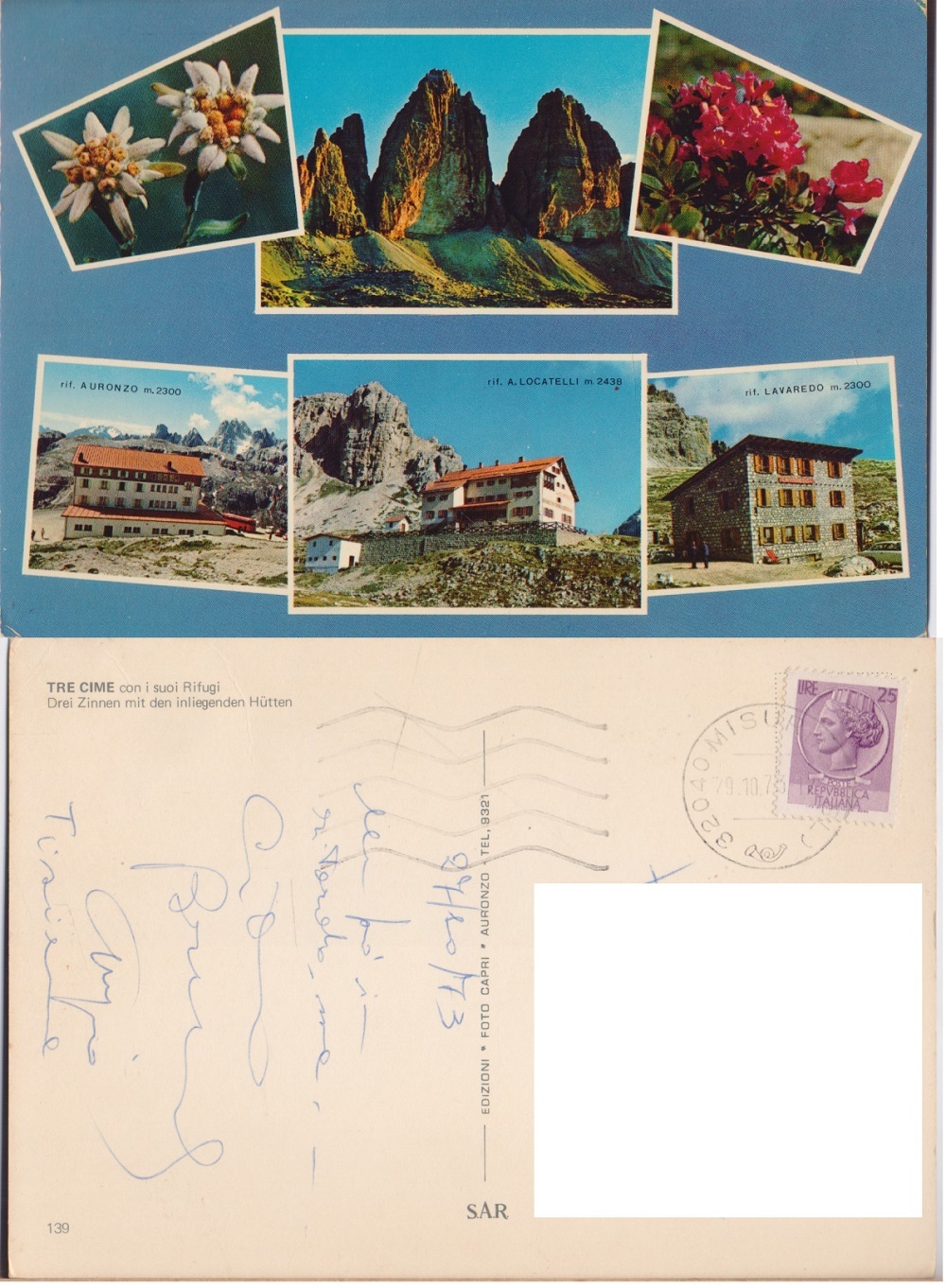 Tre cime con i suoi Rifugi. Viaggiata 1973