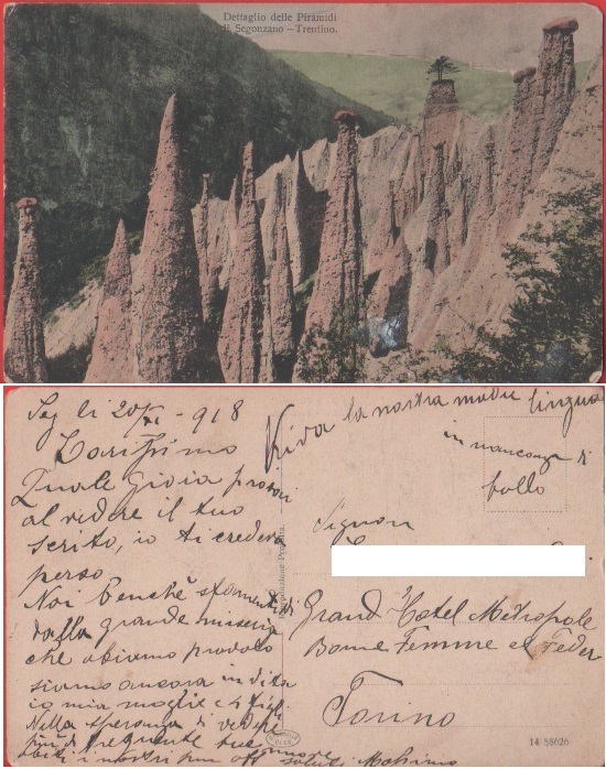 Trentino. Dettaglio delle Piramidi di Segonzano. Scritta e datata 1918