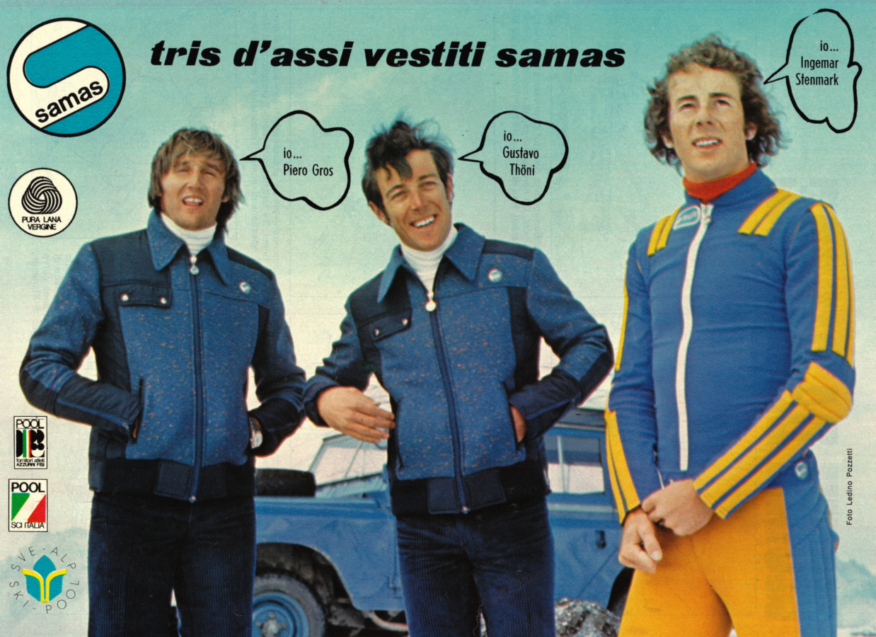 Tris d'assi vestiti Samas (Thoni, Gros, Stenmark). Advertising 1976