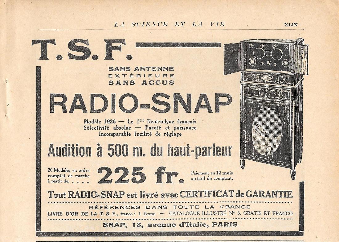 TSF Radio-Snap. Pubblicita 1926