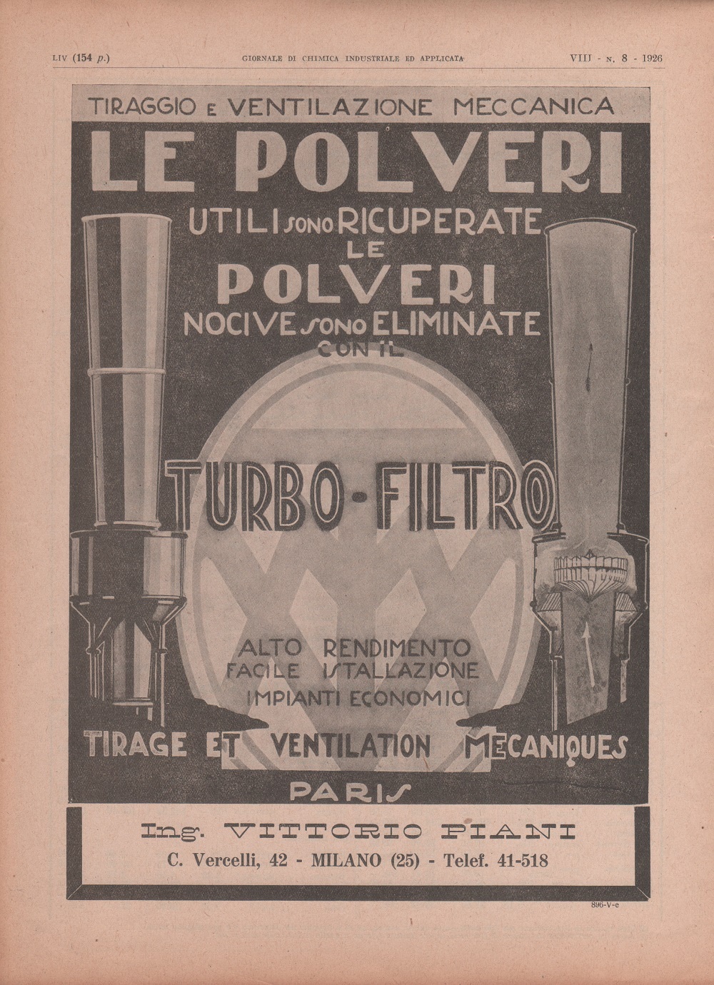 Turbo filtro. Ing. Vittorio Piani, Milano. Advertising 1926