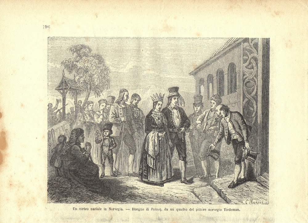 Un corteo nuziale in Norvegia. Stampa 1863.