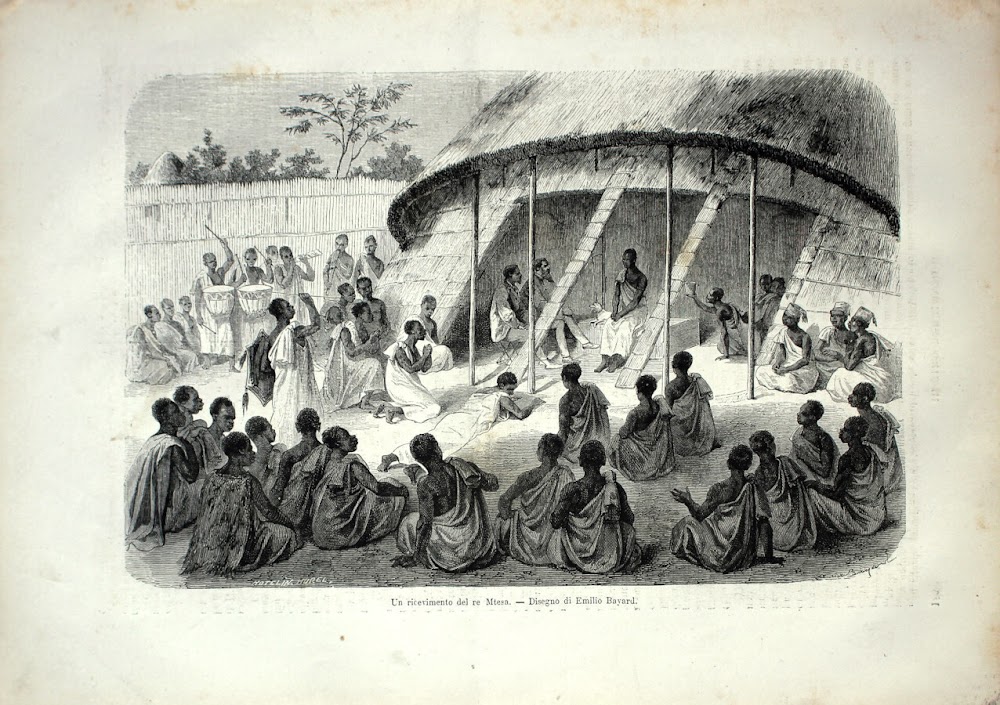 Un ricevimento del re Mtesa (spedizione Speke). Stampa 1864