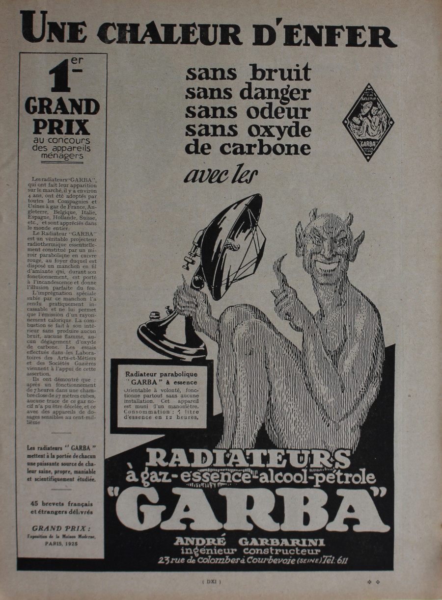 Une chaleur d'enfer avec les radiateurs Garba. Advertising 1926