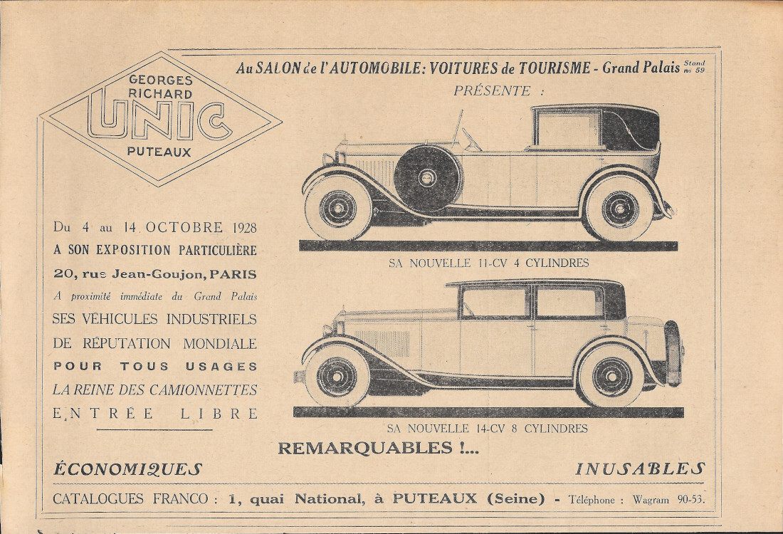 UNIC au Salon de l'Automobile - Advertising 1928