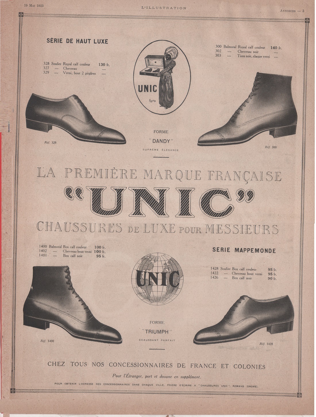 Unic chaussure de luxe pour messieurs. Advertising 1923